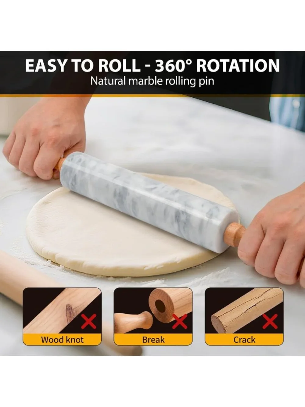 16.7” Marble Rolling Pin with Wooden Handles & Cradle - Perfect for Pizza